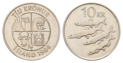 Исландия 10 крон 1984 рыбы KM 29.1 медно-никель UNC 4403-531