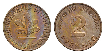ФРГ 2 пфеннига 1966 F KM 106, J. 381 бронза 4516-717
