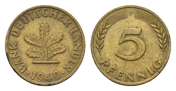 ФРГ 5 пфеннигов 1949 F KM 102, J. 377 сталь плакированная латунью 4685-363