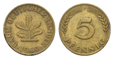ФРГ 5 пфеннигов 1949 F KM 102, J. 377 сталь плакированная латунью 4685-363
