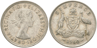 Австралия 6 пенсов 1960 Елизавета II (1952-2022) KM 58 серебро 4623-262