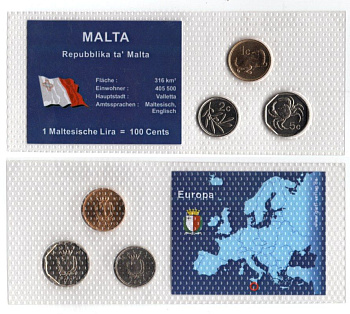 Мальта набор из 3 монет (1, 2 и 5 центов) 2001 и 2004 в красочной упаковке с информацией о стране KM 93, 94 и 95 UNC 2-4-2-83