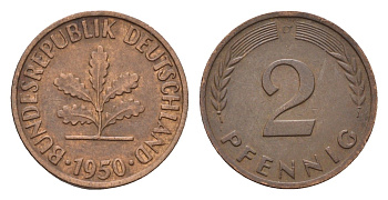 ФРГ 2 пфеннига 1950 D KM 106, J. 381 бронза 4685-328