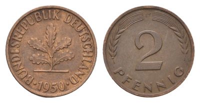 ФРГ 2 пфеннига 1950 D KM 106, J. 381 бронза 4685-328