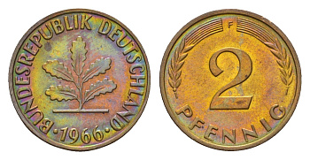 ФРГ 2 пфеннига 1966 F KM 106, J. 381 бронза 4124-153