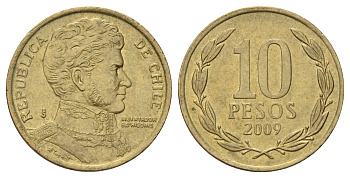 Чили 10 песо 2009 KM 228 никель латунь 4689-269