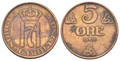 Норвегия 5 эре 1938 Хокон VII (1905-1957) KM 368 бронза 4700-741