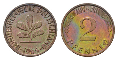 ФРГ 2 пфеннига 1965 G KM 106, J. 381 бронза 214-663