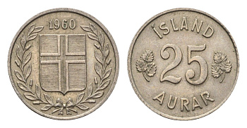 Исландия 25 эйре 1960 KM 11 медно-никель 4696-333