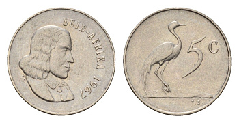 ЮАР 5 центов 1967 Ян ван Рибек (1619-1677), Suid Africa, легенда на африкаанс, райский журавль KM 67.2 медно-никель 4682-725