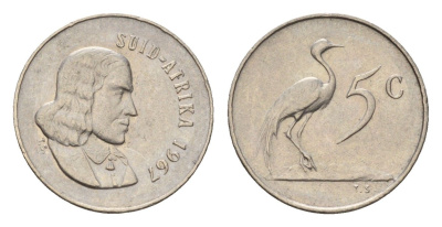 ЮАР 5 центов 1967 Ян ван Рибек (1619-1677), Suid Africa, легенда на африкаанс, райский журавль KM 67.2 медно-никель 4682-725