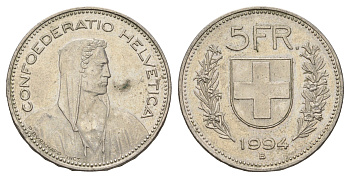 Швейцария 5 франков 1994 B KM 40a.4 медно-никель 4536-1136
