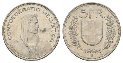 Швейцария 5 франков 1994 B KM 40a.4 медно-никель 4536-1136