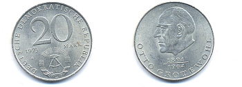 ГДР 20 марок 1973 А, Отто Гротеволь (1894-1964) KM 47 медно-никель 3333-433