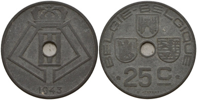 Бельгия 25 сантимов 1943 Belgie - Belgique, Леопольд III (1934-1947), германская оккупация, Вторая мировая война KM 132 цинк 4157-536