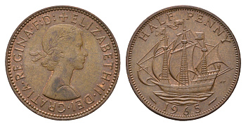 Великобритания 1/2 пенни 1965 Елизавета II (1952-2022) KM 896, Spink 4158 бронза 92-622