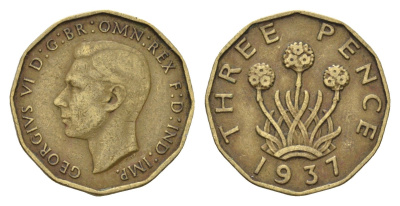 Великобритания 3 пенса 1937 Георг VI (1936-1952) KM 849, Spink 4112 никель латунь 92-945