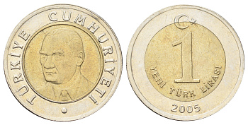 Турция 1 лира 2005 Кемаль Ататюрк KM 1169 биметалл 4699-1221