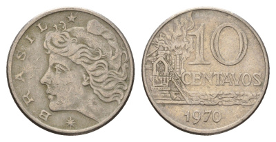 Бразилия 10 сентаво 1970 год-тип KM 578.2 медно-никель 4563-452