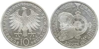 ФРГ 10 МАРОК 1992 D, 150 ЛЕТ ОРДЕНУ Pour-le-Merite ЗА ЗАСЛУГИ В НАУКЕ И СКУССТВЕ KM 179 серебро UNC 443-435