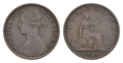 Великобритания 1 фартинг 1868 Виктория (1837-1901) KM 747.2, Spink 3958 бронза 4658-839