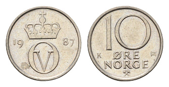 Норвегия 10 эре 1987 Улаф V (1957-1991) KM 416 медно-никель UNC 4684-728
