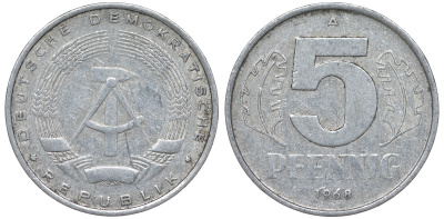 ГДР 5 ПФЕННИГОВ 1968 A KM 9.1 алюминий 62-157