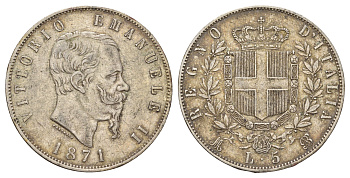 Италия 5 лир 1871 M BN, Виктор Эммануил II (1861-1878) KM 8.3 серебро 413-445