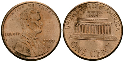 США 1 цент 2000 D, Линкольн KM 201b цинк плакированный медью 4136-362