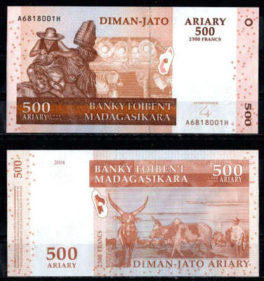 Мадагаскар 500 ариари (2500 франков) 2004 Pick 88 b бумага UNC (пресс) 7485-63-2-2