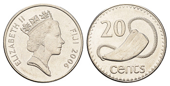 Фиджи 20 центов 2006 Елизавета II (1952-2022), китовый зуб KM 53a сталь плакированная никелем UNC 4698-1226