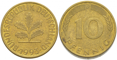 ФРГ 10 ПФЕННИГОВ 1993 J KM 108, J.383 сталь плакированная латунью 3718-845