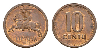 Литва 10 центов (сентов) 1991 год-тип KM 88 бронза aUNC 4689-1047