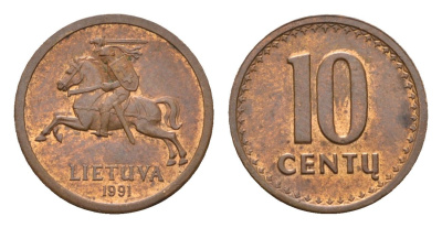 Литва 10 центов (сентов) 1991 год-тип KM 88 бронза aUNC 4689-1047