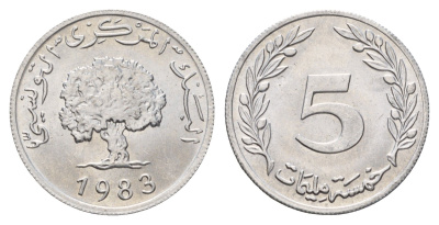 Тунис 5 миллимов 1983 пробковый дуб KM 282 алюминий UNC 4662-646