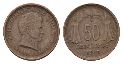 Чили 50 сентаво 1942 год-тип KM 178 медь 4685-847