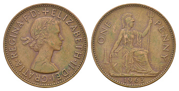 Великобритания 1 пенни 1963 Елизавета II (1952-2022) KM 897, Spink 4157 бронза 4531-813