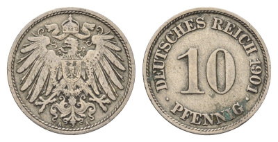 Германия 10 пфеннигов 1901 A, Вильгельм II (1888-1918) KM 12, J. 13 медно-никель 4684-217
