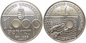 Венгрия 1000 форинтов 1993 ВР, чемпионат мира по футболу В США KM 706 серебро UNC 00-00