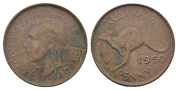 Австралия 1 пенни 1950 Кенгуру, Георг VI (1936-1952) KM 43 бронза 4692-835