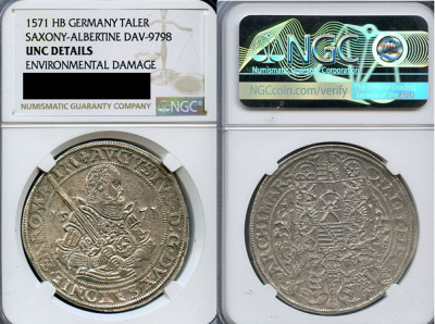 Саксония 1 талер 1571 HB, Дрезден, Герцог Август (1553-1586), в слабе NGC UNC Details Dav. 9798, Schnee 725 серебро  UNC  00-000-00