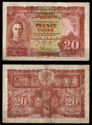 Малайя 20 центов 1941 Pick 9 b бумага 7217-4-2-1