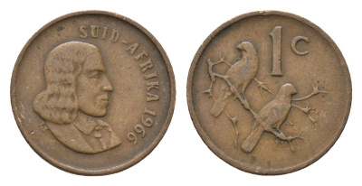 ЮАР 1 цент 1966 Ян ван Рибек (1619-1677), Suid Africa, легенда на африкаанс, капские воробьи KM 65.2 бронза 4690-1164