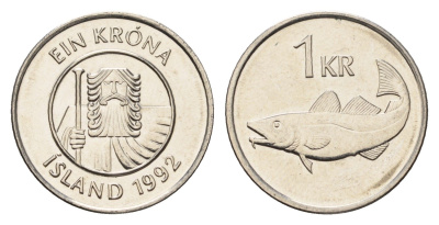 Исландия 1 крона 1992 треска KM 27a сталь плакированная никелем UNC 4687-838