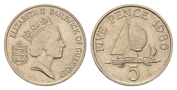 Гернси 5 пенсов 1986 Елизавета II (1952-2022), регата KM 42.1 медно-никель 4121-1051