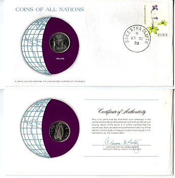 Ирландия 5 пенсов 1976 конверт с маркой первого дня гашения, Coins of Nations KM 22 медно-никель UNC 4295-11-3