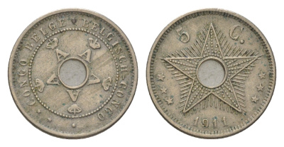 Бельгийское Конго 5 сантимов 1911 KM 17 медно-никель 4623-1053
