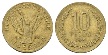 Чили 10 песо 1989 KM 218 латунь 4155-141