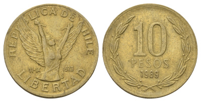Чили 10 песо 1989 KM 218 латунь 4155-141