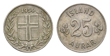 Исландия 25 эйре 1954 KM 11 медно-никель 4696-325